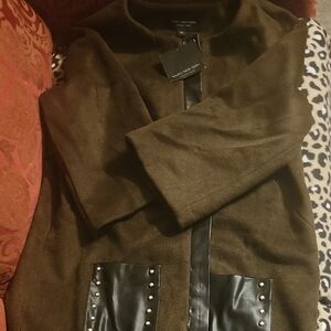 Marc New York Black Rivet Dark Brown Trench Coat with Black Leather Accents